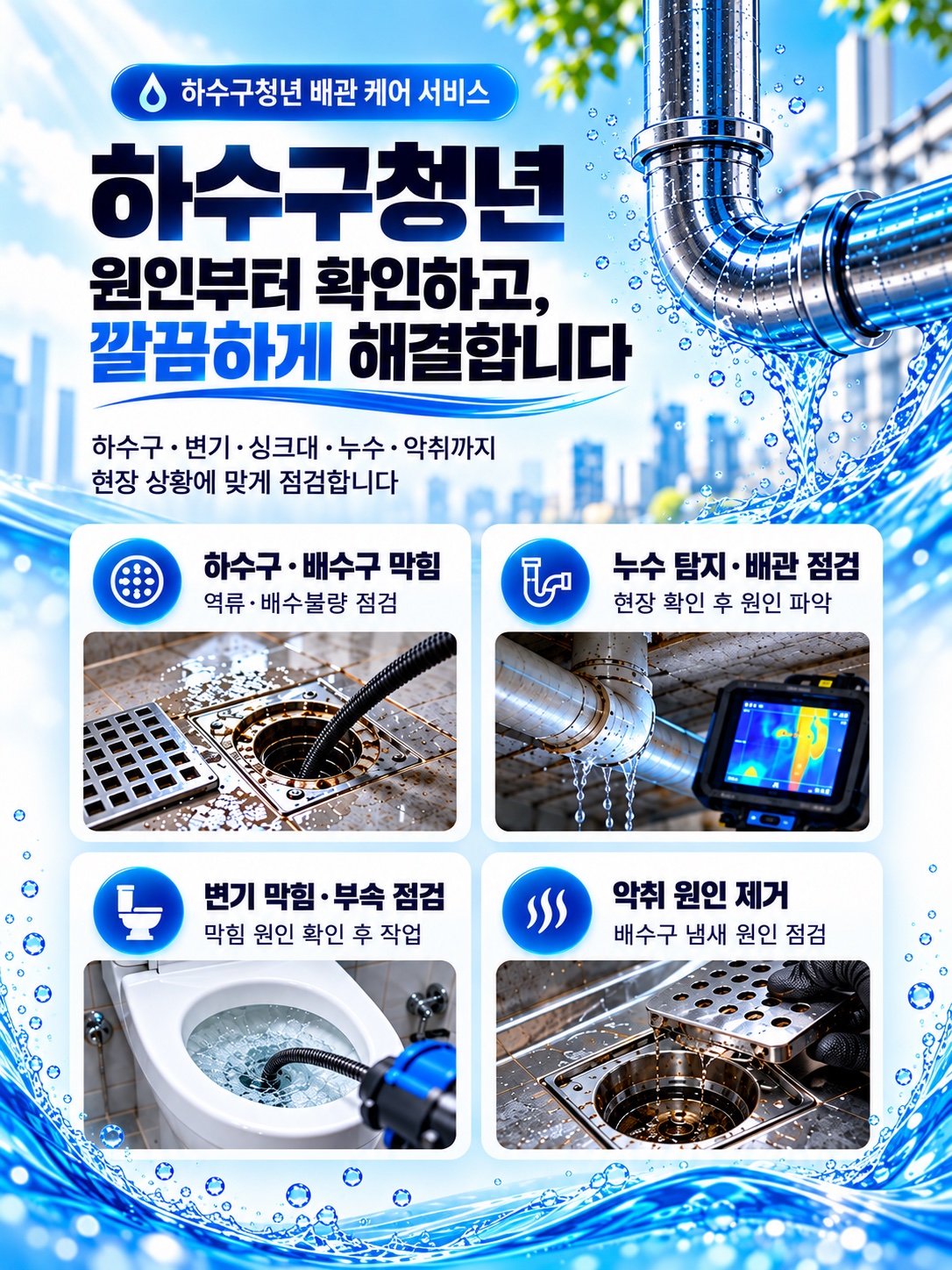 하수구청년 배관 케어 서비스 — 원인부터 확인하고 깔끔하게 해결합니다. 하수구·배수구 막힘, 누수 탐지·배관 점검, 변기 막힘·부속 점검, 악취 원인 제거